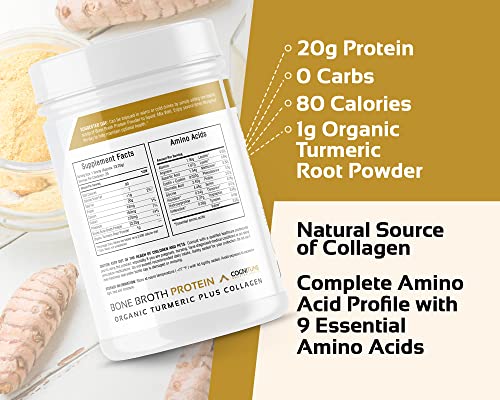 Bone Broth Protein Powder with Organic Turmeric & Collagen Peptides - Grass Fed Beef Bone Broth Collagen - Keto & Paleo Friendly Nutrition - Turmeric Flavor 22g Protein, 20 Servings