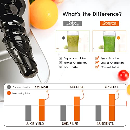 Slow Juicer Machine, Crenova Cold Press Masticating Juicer with 95% Juice Yield, Low Noise, Portable Bottle, Brush, Vegetable & Fruit Juice Recipes, Easy to Assemble & Clean