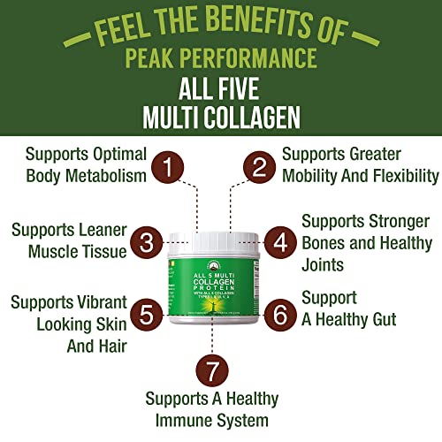 All 5 Multi-Collagen Protein Powder Peptides by Peak Performance. Multi-Collagen Contains All Types I, II, III,V, X. Keto, Paleo Friendly with Hydrolyzed Bovine, Marine, Chicken, Bone Broth Collagens