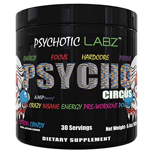 Psychotic Labz Psycho Circus High Stim Pre Workout Powder, Energy Focus Strength Pumps, Loaded with Beta Alanine Creatine Caffeine Ampiberry Dmae Bitartrate, 30 Srvgs, Cotton Candy