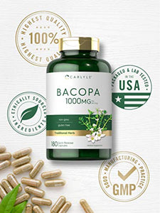 Bacopa Monnieri Capsules | 1000 mg | 180 Capsules | Non-GMO & Gluten Free Supplement | by Carlyle