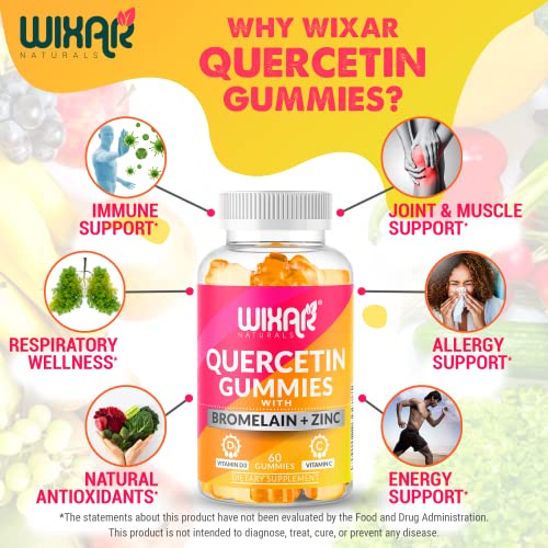 Wixar Naturals Quercetin Gummies - Quercetin 500mg with Bromelain, Zinc, Vitamin C&D3 - Quercetin Gummy Supplements for Immune Support and Allergy - Immunity Booster Vitamins Supplement – 60 Chewable