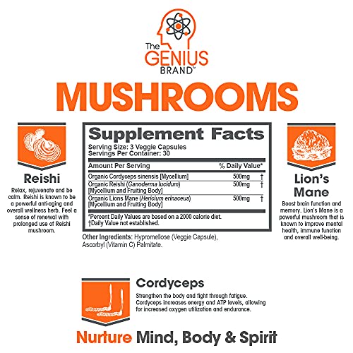 Genius Mushroom – Lions Mane, Cordyceps and Reishi – Immune System Booster & Nootropic Brain Supplement – Wellness Formula for Natural Energy, Stress Relief, Memory & Liver Support, 90 Veggie Pills