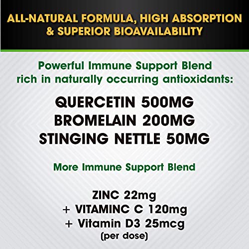 Quercetin with Vitamin C and Zinc - Nettle Quercetin - Quercetin 500mg - Quercetin with Bromelain - Zinc Quercetin + Vitamin D3 - 120 Veggie Caps - Quercetin Supplements Non-GMO, Gluten-Free, Vegan