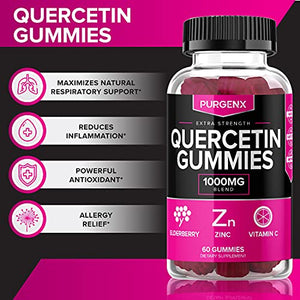 Quercetin + Zinc + Vitamin C 1000mg Gummies Supplements with Elderberry for Kids Adults Lung Immune Support Supplement Gummy, Immunity Allergy Relief Chewable Vitamins Powder Capsules Liquid (2 Pack)