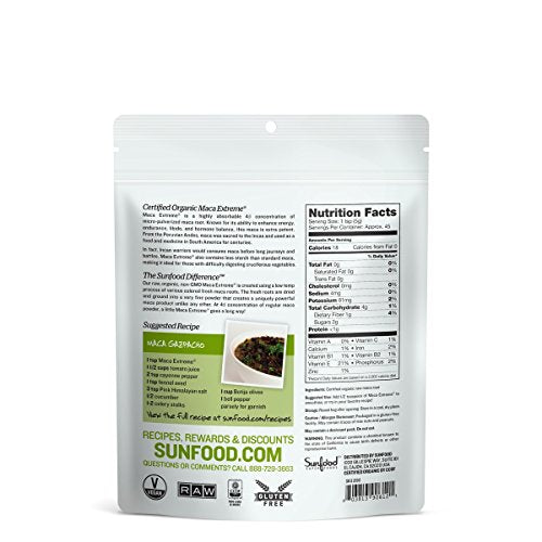 Sunfood Maca Extreme Organic Powder. for Men & Women- Unique High Potency. 4:1 Concentration. Strongest Maca Available. Best Quality Non-GMO. 8 Ounce (1 Pack)