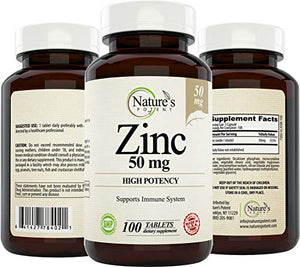 Zinc 50mg [High Potency] Supplement - Immune Support System from Natural Zinc (Oxide/Citrate) 100 Tablets, Made by Nature’s Potent.