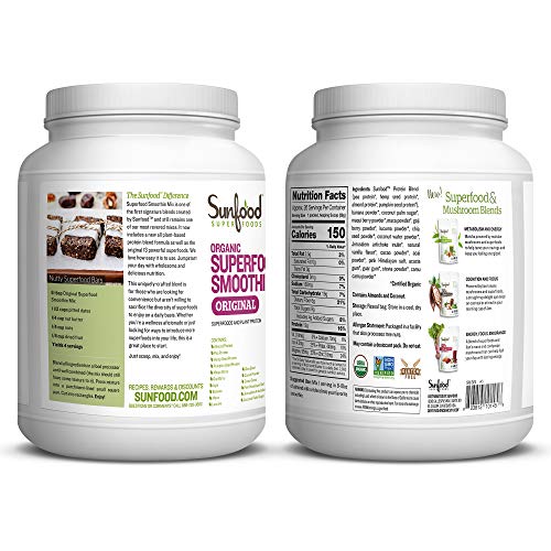 Sunfood Organic Superfood Smoothie Mix- Original Flavor | New Plant-Based Protein Blend (Pea, Hemp, Almond, Pumpkin) High Quality All-Natural Ingredients | Non-GMO, Vegan, Gluten Free- 2.2 lb Bulk Tub