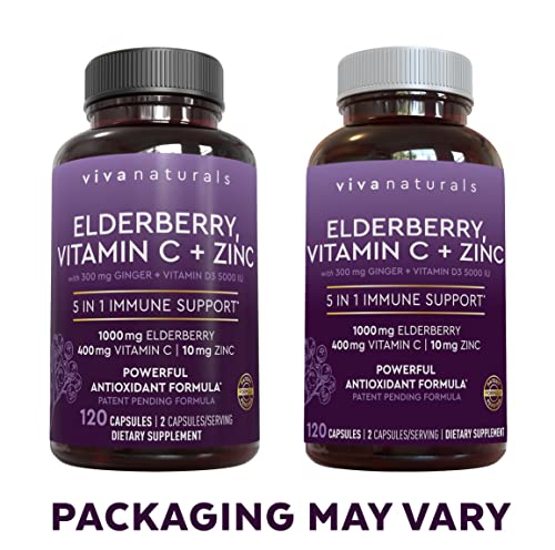 Viva Naturals Elderberry, Vitamin C, Zinc, Vitamin D3 5000 IU & Ginger - Antioxidant & Immune Support Supplement, 2 Month Supply (120 Capsules) - 5 in 1 Daily Immune Support for Adults