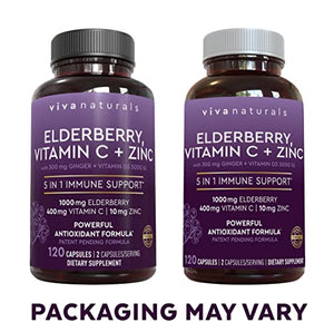 Viva Naturals Elderberry, Vitamin C, Zinc, Vitamin D3 5000 IU & Ginger - Antioxidant & Immune Support Supplement, 2 Month Supply (120 Capsules) - 5 in 1 Daily Immune Support for Adults