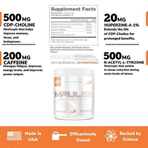 Reforged Impulse ─ Nootropic Energy Drink ─ Cognitive Enhancer and Energy Booster ─ W/CDP-Choline, Huperzine A, N-Acetyl L-Tyrosine, Caffeine ─ Mango, 40 Servings