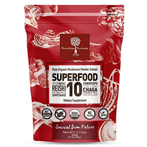 Organic Mushroom Powder Extract -Superfood 10 Supplement 14x Stronger 100% Pure USDA Immunity Booster- Reishi, Chaga, Cordyceps, Shiitake, Lions Mane, Turkey Tail and More. Add to Coffee/Tea 60 Grams