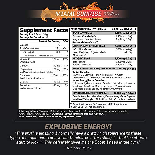 PMD Sports Ultra Pump Fuel Insanity - Pre Workout Drink Mix for Energy, Strength, Endurance, Muscle Pumps and Recovery - Complex Carbohydrates and Amino Energy - Miami Sunrise (30 Servings)