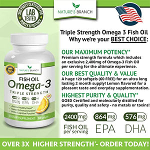 Best Triple Strength Omega 3 Fish Oil Pills 2400mg Burpless High Potency Lemon Flavor - 864mg EPA 576mg DHA Ultra Pure Liquid Softgels 120 Capsules for Brain Joints Eyes Hair Heart Health Supplement