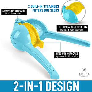 Zulay Metal 2-In-1 Lemon Lime Squeezer - Hand Juicer Lemon Squeezer - Max Extraction Manual Citrus Juicer (Blue Yellow)