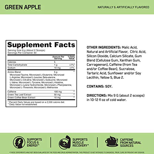 Optimum Nutrition Amino Energy - Pre Workout with Green Tea, BCAA, Amino Acids, Keto Friendly, Green Coffee Extract, Energy Powder - Green Apple, 30 Servings