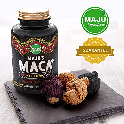 Strong Organic Maca Capsules, Black, Yellow & Red Root w/ Black Pepper Extract for Absorption, Roots Grown in Peru, Peruvian Powder, Men & Women Supplement, 60,000 mg