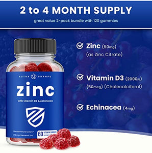 Zinc Gummies (2 Pack) 120 Gummies Immune Boost for Kids & Adults | 50mg Zinc Gummy Supplement with Vitamin D3 & Echinacea for Immune Support | Non-GMO Immunity Booster 25mg Per Chewable