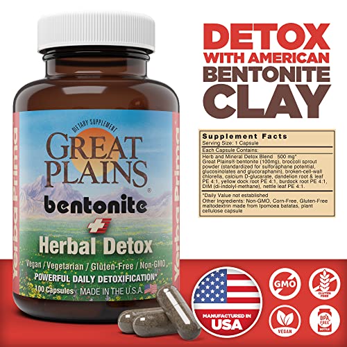 Yerba Prima Bentonite Clay Plus Herbal Detox, 100 Veg Capsules - Food Grade Clay from The Great Plains, USA - Liver and Colon Cleanse Supplement with Calcium Clay