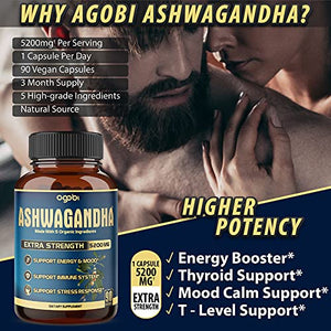 Ashwagandha Extract Capsule - Great Strength 5200mg of Powder. Blended Ginger Root, Turmeric Curcumin, Rhodiola Rosea Root and Black Pepper - 90 Capsules - 3 Month Supply