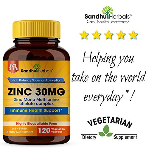Sandhu Herbals Zinc Supplements Zinc 30mg, Immune Support Zinc Mono methionine Supplements 120 Capsules