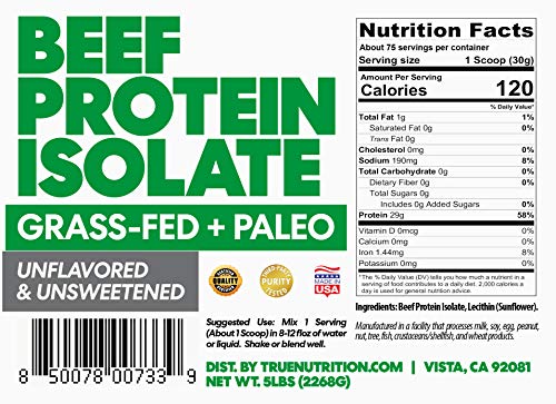 5LBS Unflavored Grass Fed Beef Protein Powder Isolate - Paleo, Keto, Carnivore, Sugar-Free, Lactose-Free - Customize Your Protein with Two Free TrueBoost or TrueFlavor Protein Shake Enhancements