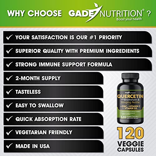 Quercetin with Vitamin C and Zinc - Nettle Quercetin - Quercetin 500mg - Quercetin with Bromelain - Zinc Quercetin + Vitamin D3 - 120 Veggie Caps - Quercetin Supplements Non-GMO, Gluten-Free, Vegan