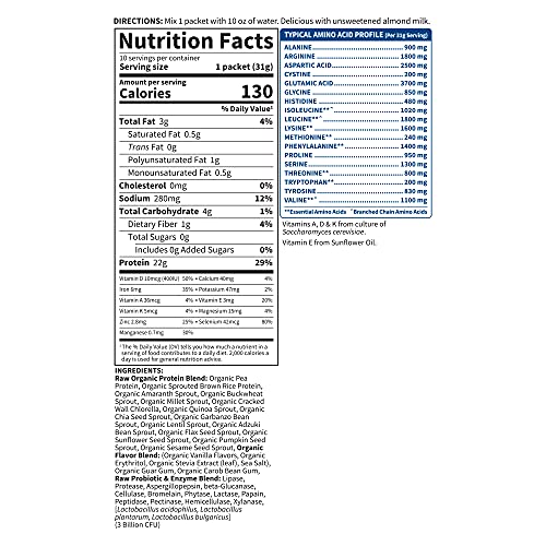 Garden of Life Raw Organic Protein Vanilla Powder Packets, 10ct Tray - Certified Vegan, Gluten Free, Organic & Non-GMO, Plant Based Sugar Free Shake with Probiotics & Enzymes, 4g BCAAs, 22g Protein