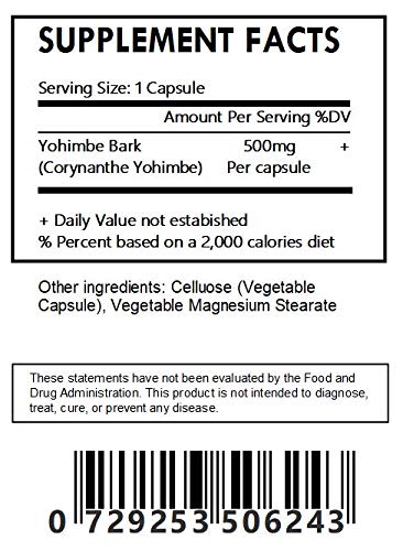 Yohimbe Bark Extract 5:1 Capsules - 60 Count 500mg Each (Corynanthe Yohimbe)