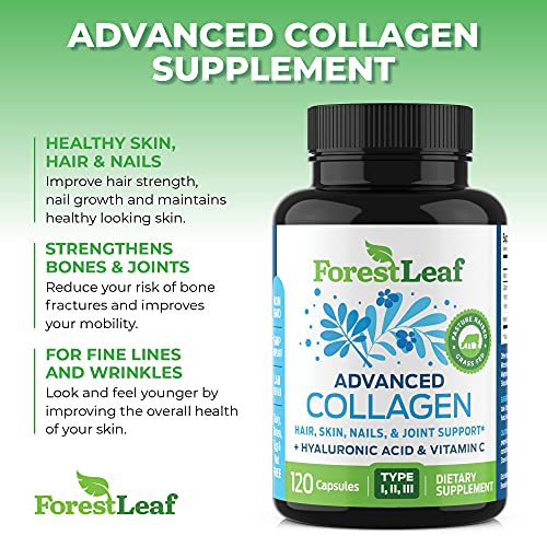 Advanced Collagen Supplement, Type 1, 2 and 3 with Hyaluronic Acid and Vitamin C - Anti Aging Joint Formula - Boosts Hair, Nails and Skin Health - 240 Capsules - by ForestLeaf