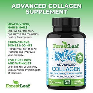 Advanced Collagen Supplement, Type 1, 2 and 3 with Hyaluronic Acid and Vitamin C - Anti Aging Joint Formula - Boosts Hair, Nails and Skin Health - 240 Capsules - by ForestLeaf