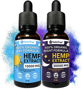 2-Pack Vegan Hemp Seed Oil CO2 Extract - New Day & Night Formula - 15,000mg & 30,000mg - 100% Organic Hemp Extract of Omega 3-6-9 for Skin, Hair and Focus