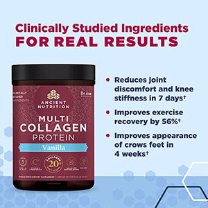 Collagen Powder Protein by Ancient Nutrition, Multi Collagen Vanilla Protein Powder, 24 Servings, Vitamin C, Hydrolyzed Collagen Peptides Supports Skin and Nails, Gut Health, Joint Supplement, 9oz