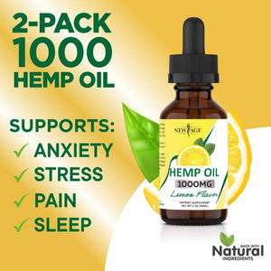 Hemp Oil Extract - 2 Pack - New Age 1000 - Grown & Made in USA - Natural Hemp Drops - Helps with Sleep, Skin & Hair (Lemon 1000mg)