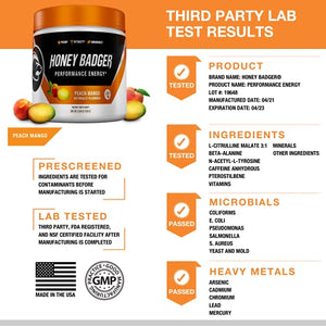 Honey Badger Pre Workout Powder | Vegan Keto Peach Mango Preworkout | Natural Energy for Men & Women | Beta Alanine, Caffeine & Vitamin C for Immune Support | Sugar Free & Paleo | 30 Servings