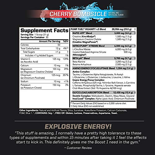 PMD Sports Ultra Pump Fuel Insanity - Pre Workout Drink Mix for Energy, Strength, Endurance, Muscle Pumps and Recovery - Complex Carbohydrates and Amino Energy - Cherry Bombsicle (30 Servings)