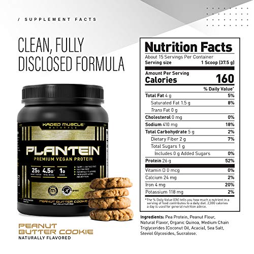 Vegan Protein Powder; Kaged Muscle Plantein, Delicious Organic Pea Protein Powder with Enhanced Absorption, 15 Servings, Peanut Butter Cookie