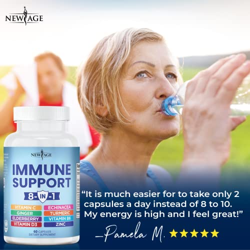 8 in 1 Immune Support Booster Supplement with Elderberry, Vitamin C and Zinc 50mg, Vitamin D 5000 IU, Turmeric Curcumin & Ginger, B6, Echinacea - 120 Count - 2 Pack