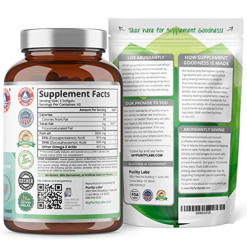 Triple Strength Omega 3 Fish Oil Supplement 3,000MG. Highest Quality and Potency Available - 180 Softgels - Rich in EPA 915mg + DHA 630mg - Burpless Non-GMO NSF-Certified, Heart & Brain Support
