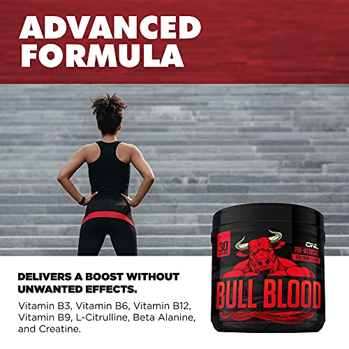 Bull Blood Ultimate Pre Workout - Boost Energy, Focus, Blood Flow, Powerful Nitric Oxide, Creatine, Lion's Mane - Effective Preworkout for Men and Women, Naturally Boost Muscle Size - 30 Servings