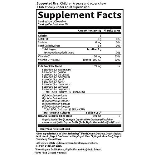 Garden of Life Dr. Formulated Probiotics Organic Kids+ Plus Vitamin C & D Chewables Tablets, Gluten/Dairy & Soy Free, Immune & Digestive Health Supplement, No Added Sugar, Strawberry Banana, 30 Count
