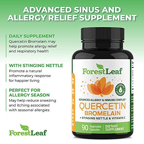 Quercetin 500mg with Bromelain, Vitamin C and Stinging Nettle – Advanced Sinus and Allergy Supplement – Natural Vegetable Capsules – Non GMO, Dairy, Gluten, Egg and Nut Free - by ForestLeaf (90)