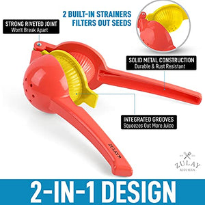 Zulay Metal 2-In-1 Lemon Lime Squeezer - Hand Juicer Lemon Squeezer - Max Extraction Manual Citrus Juicer (Bright Red and Yellow)