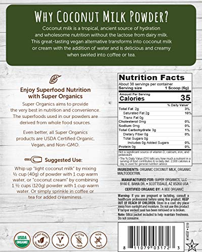 Super Organics Coconut Milk Powder, Superfood Powder, Raw, Whole Food Supplement, Vegan, Gluten & Diary Free, Non GMO, 8 Oz