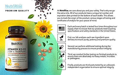 Vitamin K2 + D3 5000 IU Supplement with Calcium & BioPerine. Maximum Absorption. Supports Healthy Heart, Bones & Teeth. Powerful Immune System, Energy & Mood Enhancer. No Fillers, Gluten-Free Capsules