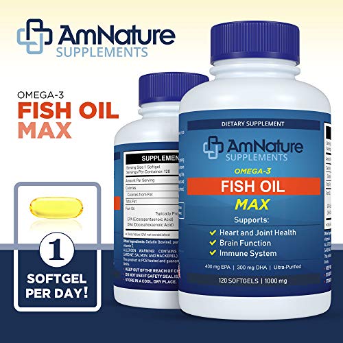 AmNature Supplements Omega 3 Fish Oil 1000mg - Max Strength Heart Health, Brain & Joint Support – Ultra-Purified EPA 400mg, DHA 300mg, Fatty Acids - 120 Softgels