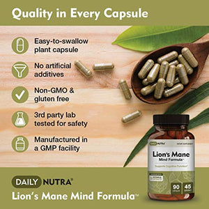 Lion’s Mane Mind Formula by DailyNutra - Nootropic Supplement for Cognitive Health | Organic Mushroom Extract with Bacopa, Gingko, Gota Kola, and Huperzine-A (90 Capsules)