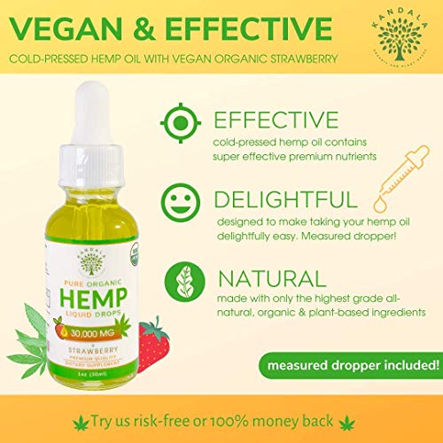 Organic Pure Hemp Oil 30,000 MG, by Kandala for Pain & Stress Natural Hemp Drops – Helps with Sleep, Skin, and Hair (1 Pack, Strawberry)