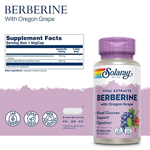 Solaray Berberine Extract with Oregon Grape, Healthy Blood Glucose & Digestion Support, AMPK Activator, 60 VegCaps