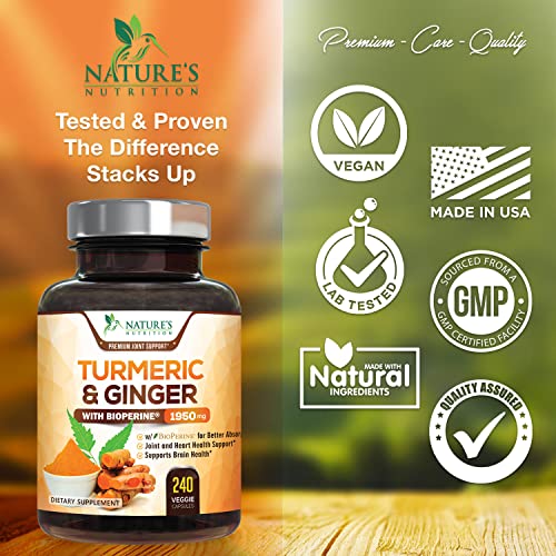 Turmeric Curcumin with BioPerine & Ginger 95% Curcuminoids 1950mg - Black Pepper for Absorption, Made in USA, Natural Immune Support, Turmeric Ginger Supplement by Natures Nutrition - 240 Capsules